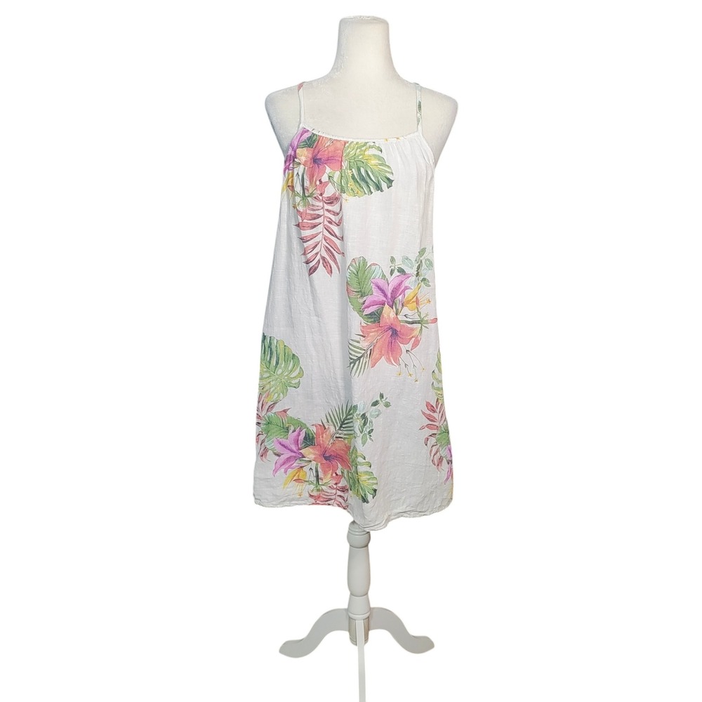 Lungo L'Arno Floral 100% Linen Dress White Made in Italy Tropical Coastal Large